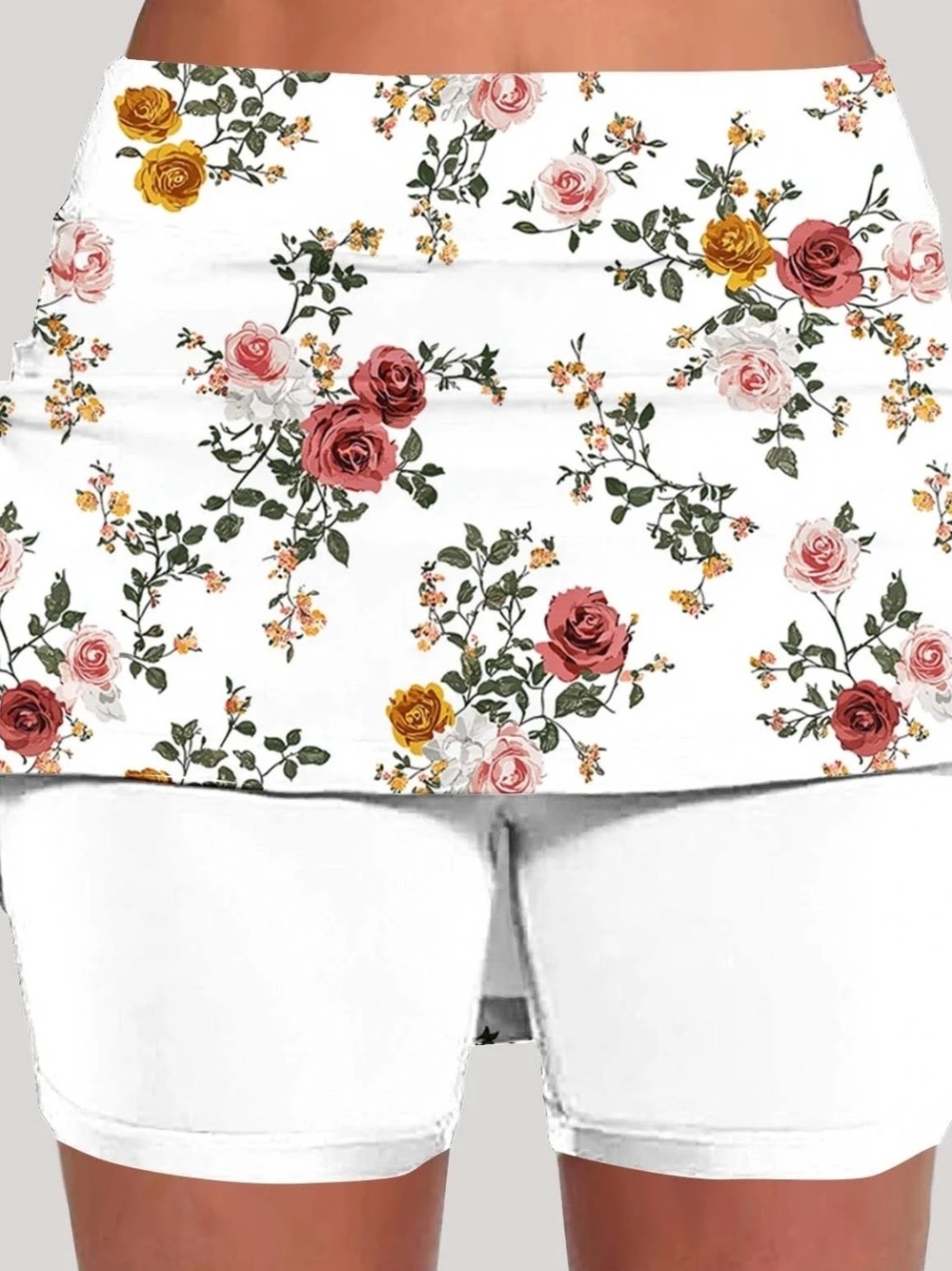 White Floral Skort with Pink & Mustard Rose Print